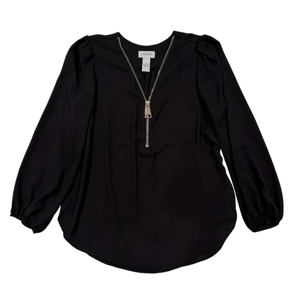 Carmen Marc Valvo Blouse Black Long Sleeve with Large Gold Zipper Size Med W83